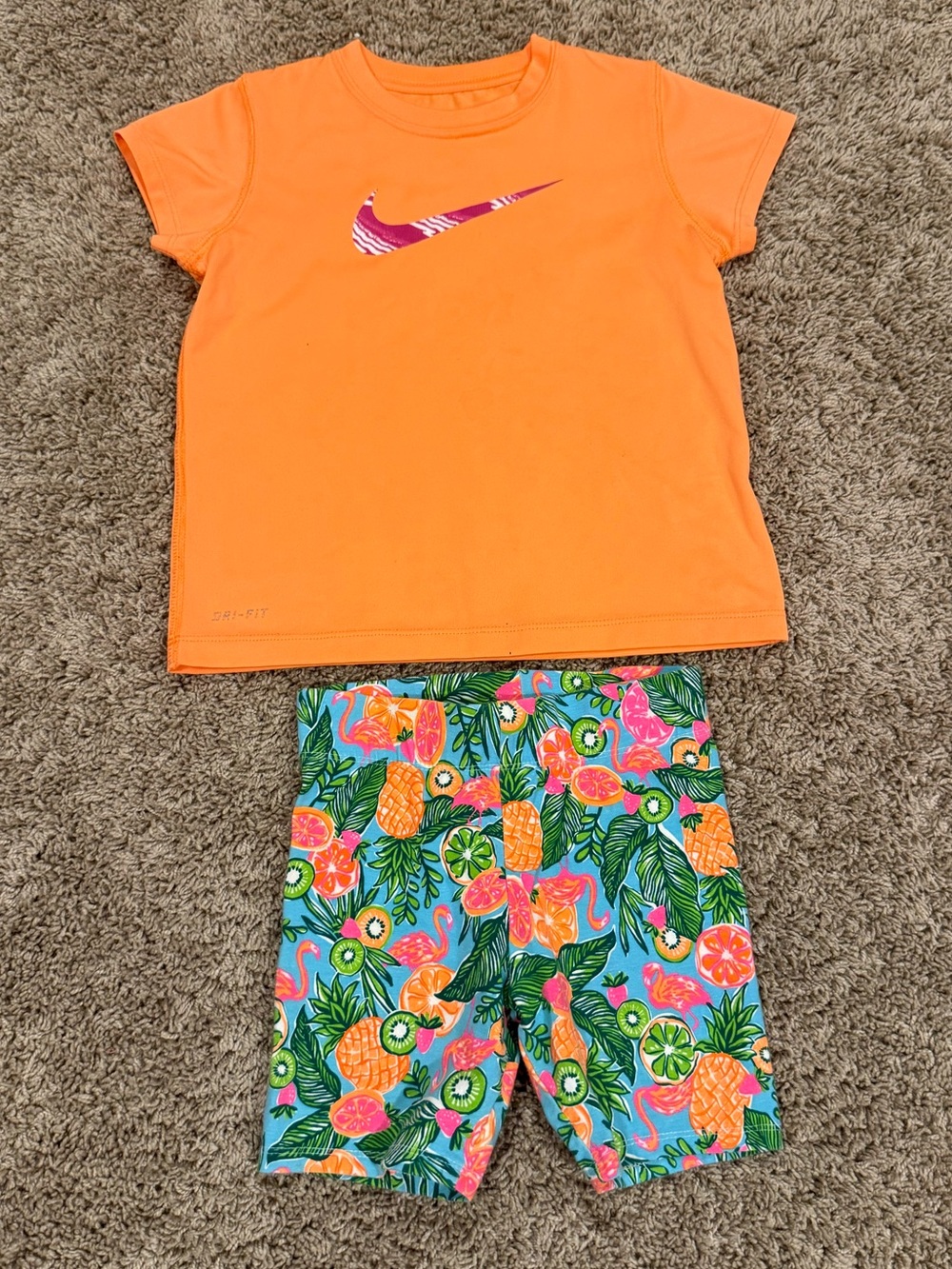 Nike Dri-FIT Girls Shirt + Tropical Flamingo Print Shorts 2 Pc Outfit